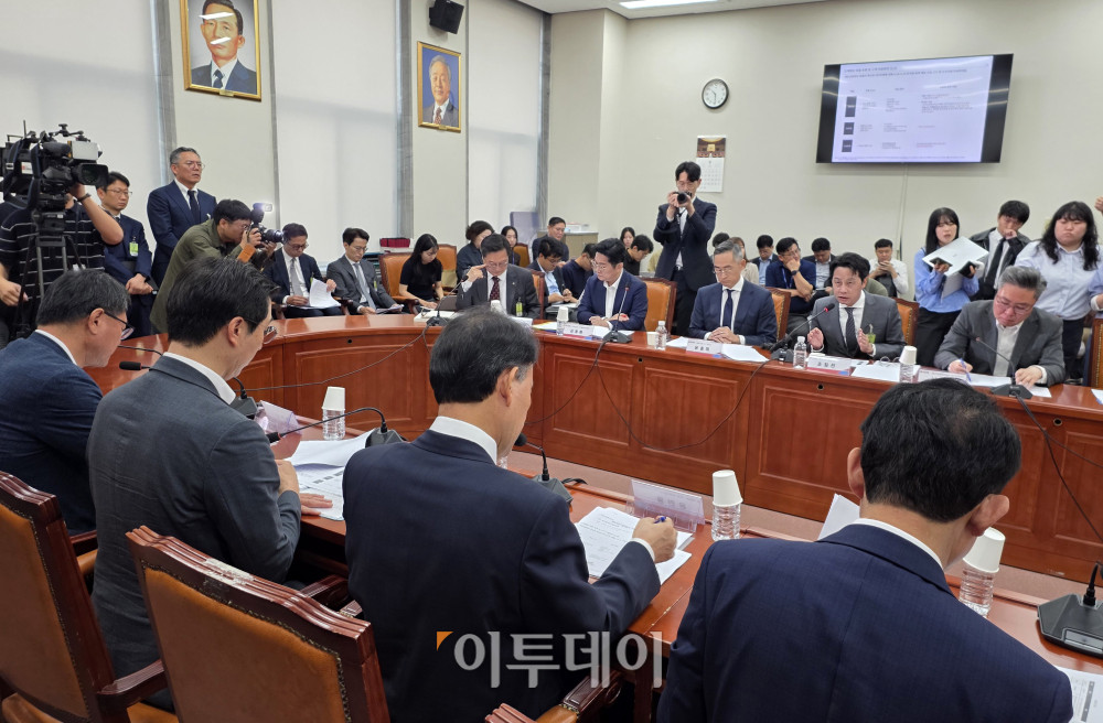 ▲조좌진 롯데카드 대표이사가 23일 서울 여의도 국회에서 열린 국민의힘 롯데카드 개인정보 유출사태, 피해자 보호 방안 및 재발 방지 대책 간담회에서 현황보고를 하고 있다. 고이란 기자 photoeran@