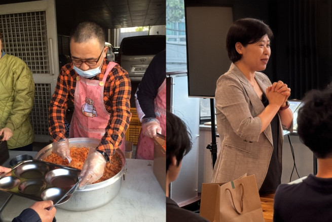 ▲제37회 아산상 사회봉사상 수상자 김현일·김옥란 부부. (왼쪽부터) 노숙인 무료급식소 ‘바하밥집’에서 배식을 하고 있는 김현일 씨와 ‘푸른고래 리커버리센터’에서 고립 청년들과 대화를 나누고 있는 김옥란 씨 모습. (사진제공=아산사회복지재단)