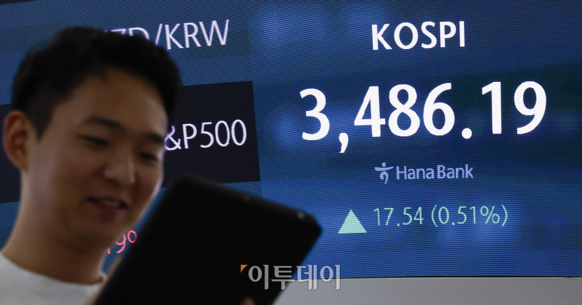 ▲코스피가 사상 최고치를 새로 쓴 23일 서울 중구 하나은행 딜링룸 전광판에 코스피가 표시돼 있다. 이날 코스피 지수는 전 거래일보다 17.54(0.51%)포인트 상승한 3486.19를 나타냈다. 코스피는 장중 3494.49까지 오르며 사상 최고가를 경신했다. 조현호 기자 hyunho@