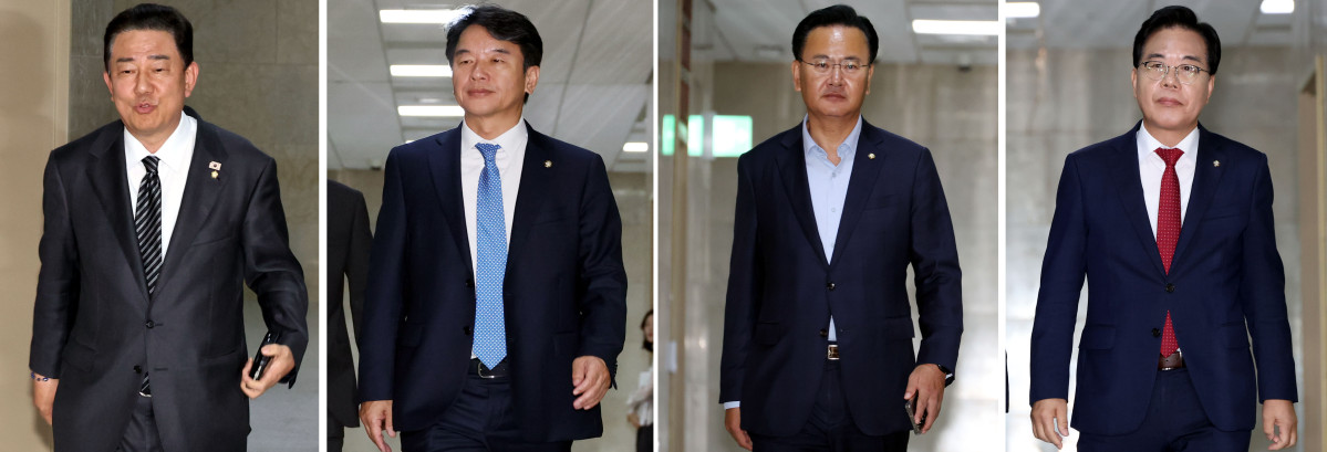 ▲김병기(왼쪽부터) 더불어민주당 원내대표와 문진석 원내운영수석부대표, 송언석(오른쪽부터) 국민의힘 원내대표와 유상범 원내운영수석부대표가 23일 오후 서울 여의도 국회에서 열린 현안관련 여야 2+2(원내대표, 원내운영수석부대표) 회동에 참석하고 있다. 2025.09.23. (뉴시스)