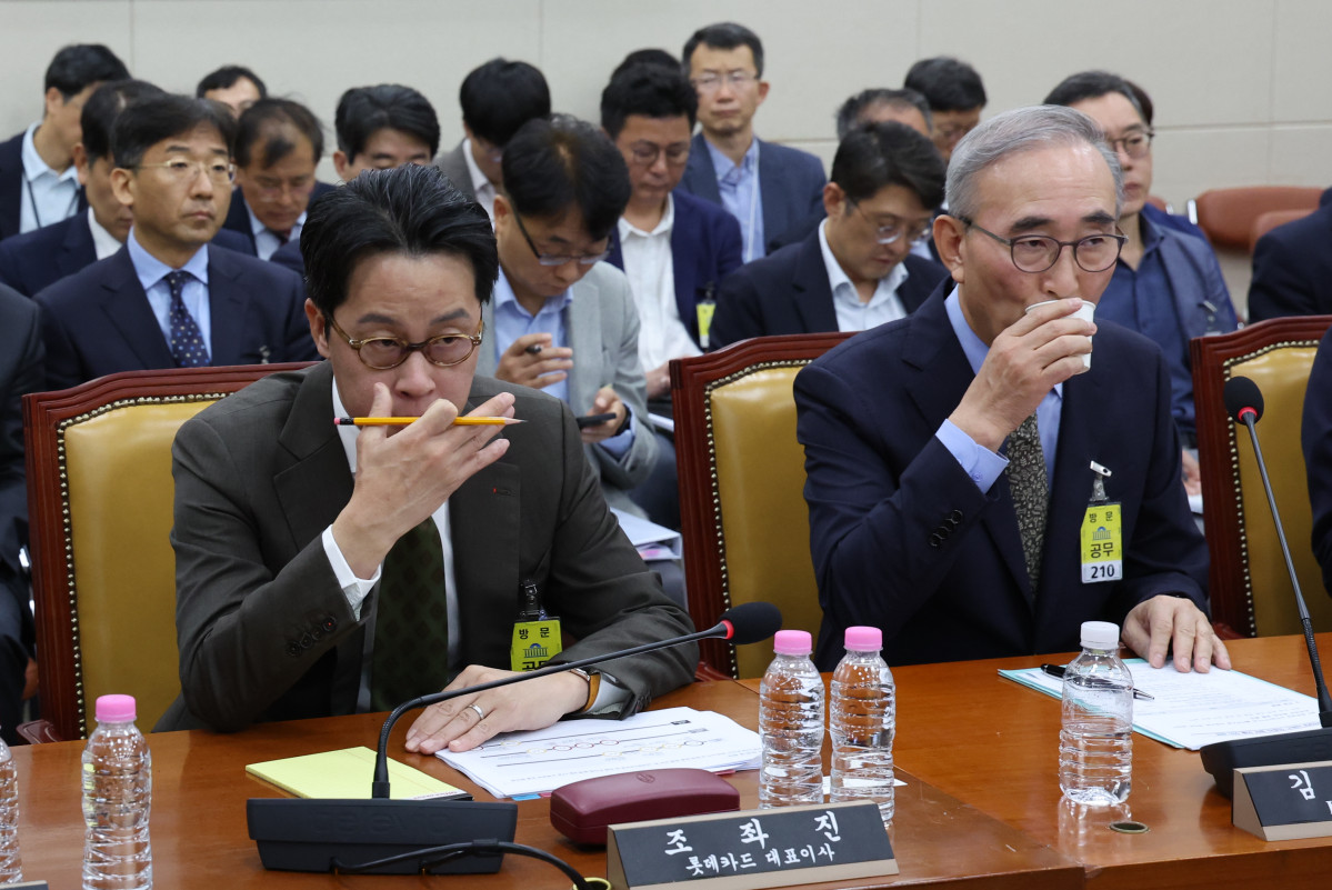 ▲조좌진(왼쪽) 롯데카드 대표이사와 김영섭 KT 대표이사가 24일 오전 서울 여의도 국회 과학기술정보방송통신위원회 전체회의에서 참석해 있다. (뉴시스)