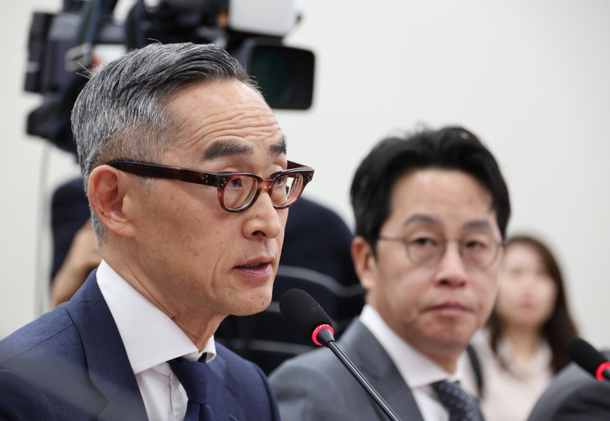 ▲윤종하 MBK파트너스 부회장이 23일 오전 서울 여의도 국회에서 열린 '국민의힘 정무위원회, 롯데카드 개인정보 유출사태 피해자 보호 방안 및 재발방지 대책 간담회'에서 질의에 답하고 있다. (뉴시스)