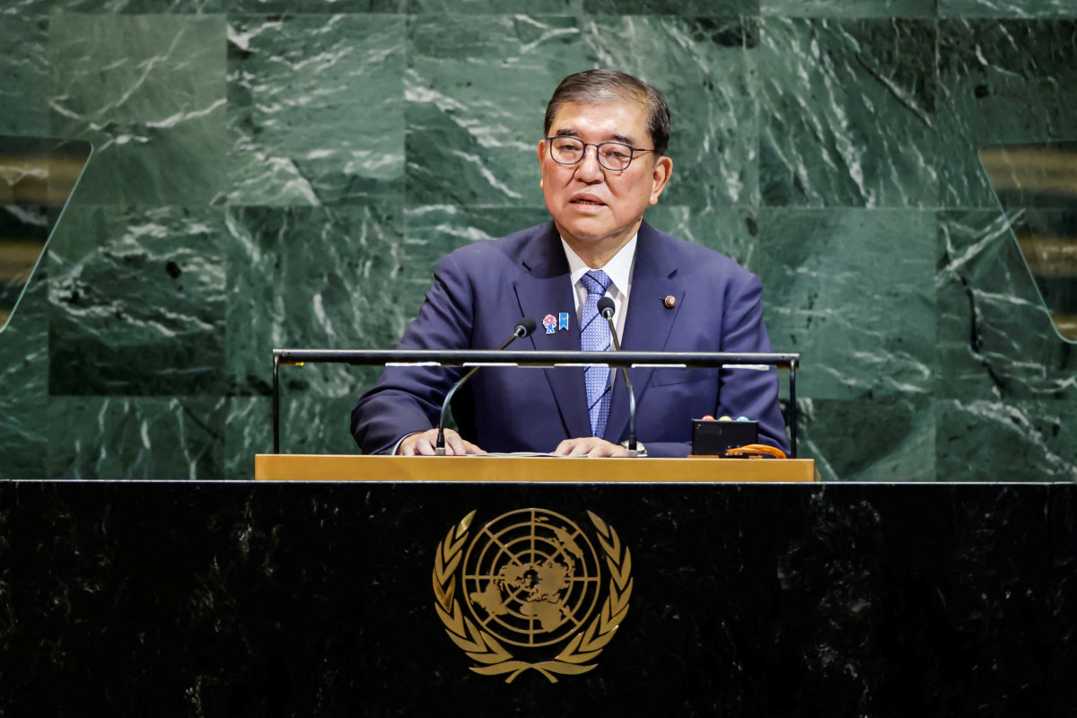 ▲23일(현지시간) 미국 뉴욕에서 열린 유엔총회에서 이시바 시게루 일본 총리가 연설을 하고 있다. (뉴욕/로이터연합뉴스)