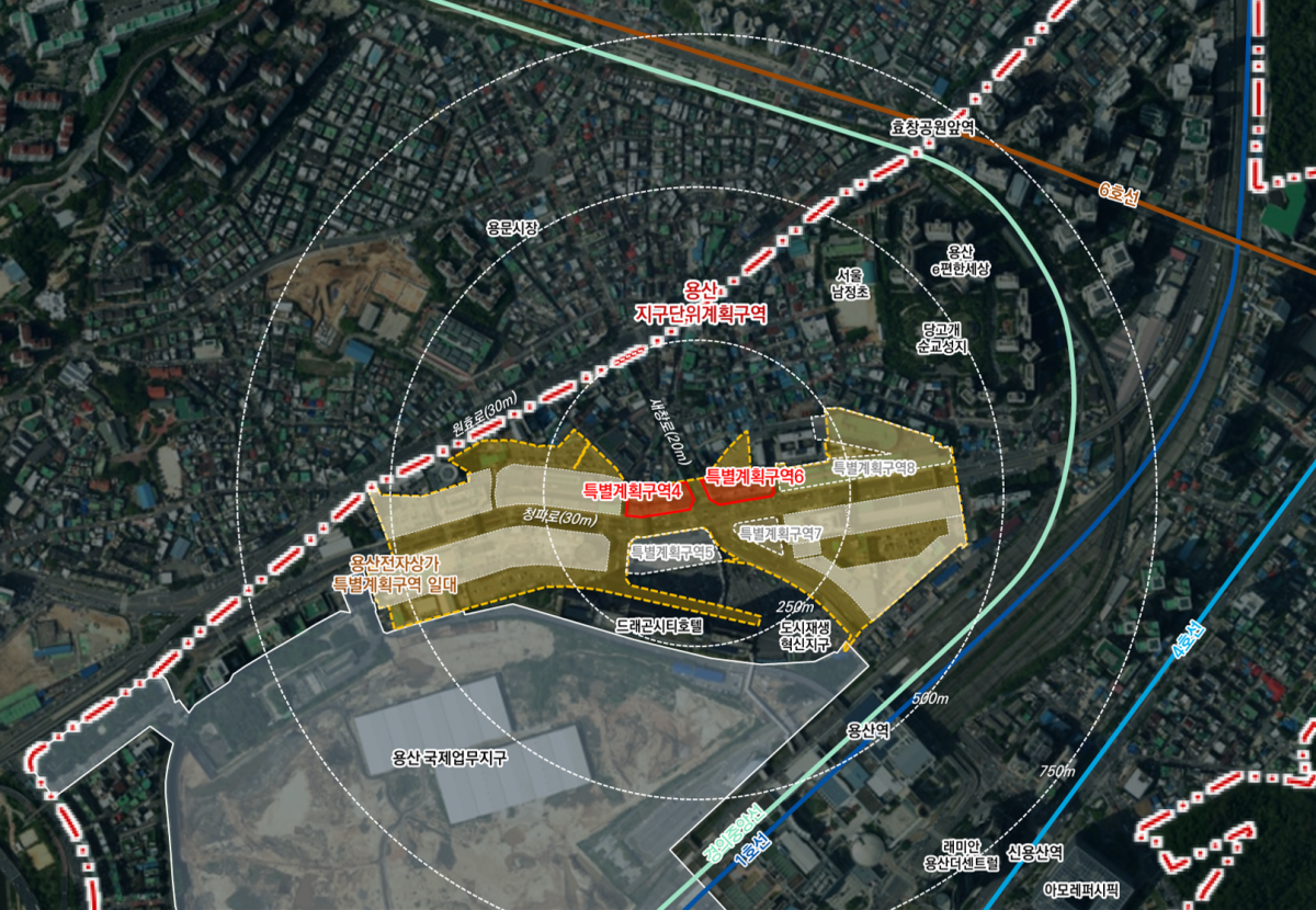 ▲용산전자상가 사거리 중심에 위치한 나진상가 10‧11동(특별계획구역4)과 14동(특별계획구역6) 위치도 (서울시)