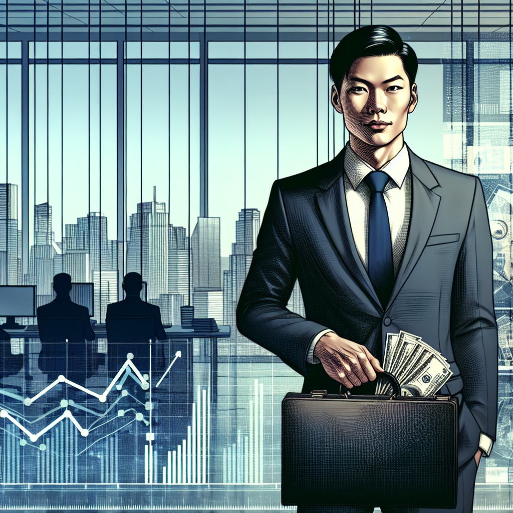 ▲퇴직 공직자의 불법 재취업 논란이 이어지는 가운데, 도심 사무실에서 정장을 입은 남성이 현금이 든 가방을 들고 서 있고 경제 그래프와 차트가 오버레이되어 있다. (오픈AI 달리)