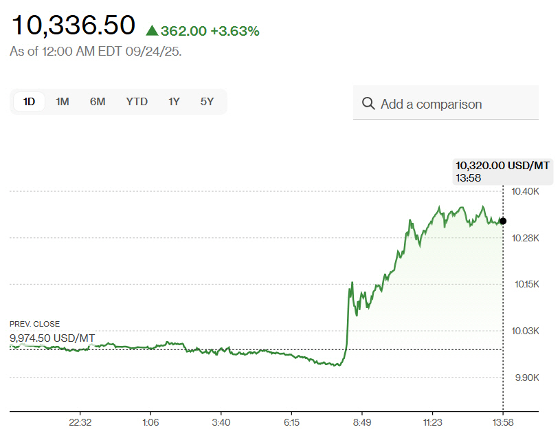 ▲세계 구리 가격 추이. 24일(현지시간) 종가 10만336.50달러.  (출처 블룸버그통신)