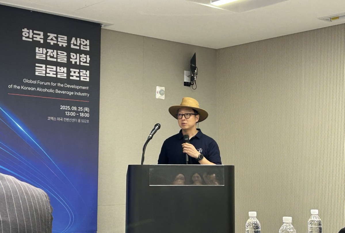 ▲25일 서울 강서구 마곡동 코엑스마곡에서 열린 ‘한국 주류 산업 발전을 위한 글로벌 포럼’에서 도정한 기원위스키 대표가 발언하고 있다. (사진=연희진 기자)