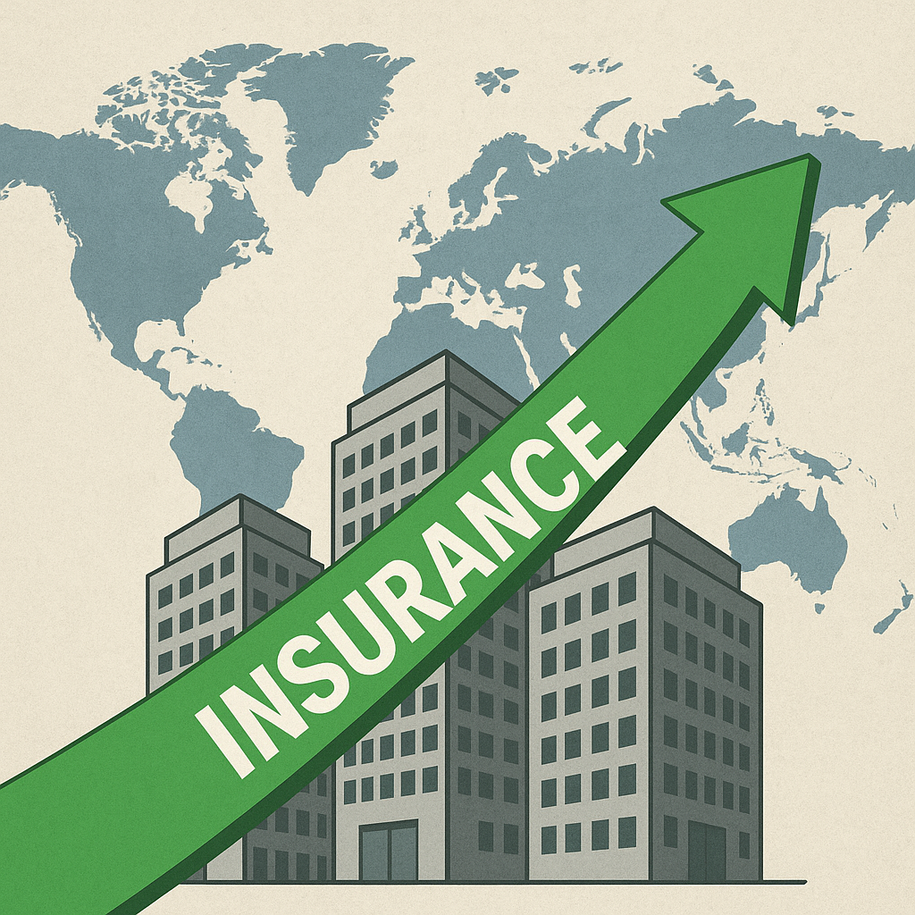 ▲국내 보험사들의 해외 인수·합병이 활발해진 최근, 세계 지도를 배경으로 한 빌딩 위에 보험 산업의 확장을 상징하는 녹색 화살표가 상승하고 있다. (여다정)