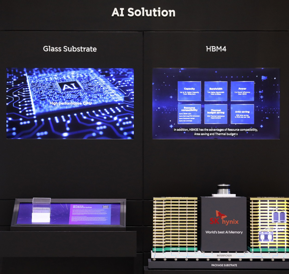 ▲AI 데이터센터에 필요한 SK그룹 AI 생태계 핵심 제품 SKC ‘유리기판(SKC)’과 SK하이닉스 ‘고대역폭메모리4(HBM4)’ (좌측부터) (사진제공=SK)