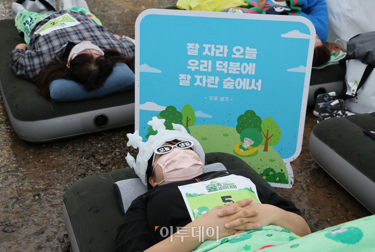 ▲28일 경기도 남양주시 진전읍 광릉숲에서 열린 유한킴벌리 '2025 우리강산 푸르게 푸르게 숲속 꿀잠대회'에서 참가자들이 잠을 자고 있다. 사진제공=유한킴벌리