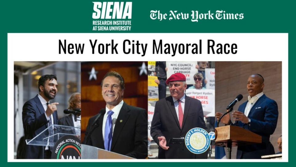 ▲뉴욕타임스 여론조사 결과 차기 뉴욕시장으로 민주당 소속 조란 맘다니 후보가 46%로 1위를 기록했다. 사진 왼쪽부터 만다니와 무소속 앤드루 쿠오모 전 뉴욕주지사(지지율 24%), 공화당 커티스 슬리워(15%), 무소속 애덤스 시장(9%)의 모습. 
 (출처 뉴욕타임스 보도화면 캡처)