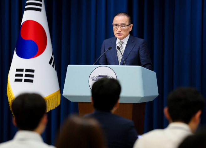 ▲위성락 국가안보실장이 29일 용산 대통령실에서 이시바 시게루 일본 총리 방한 관련 브리핑을 하고 있다.  (연합뉴스)