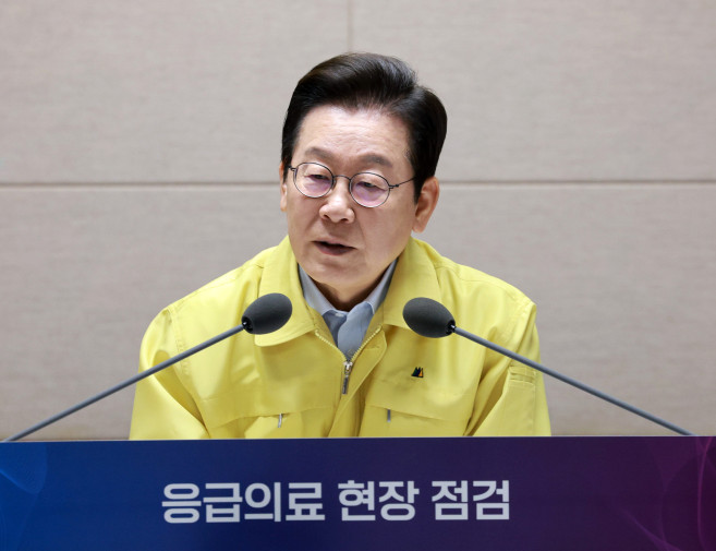 ▲이재명 대통령이 29일 서울 중구 국립중앙의료원에서 열린 응급의료현장 간담회에서 발언하고 있다.   (연합뉴스)
