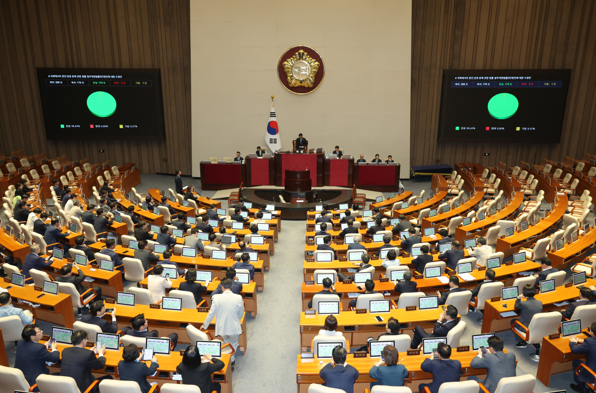 ▲29일 서울 여의도 국회에서 열린 제429회 국회(정기회) 제9차 본회의에서 국회에서의 증언, 감정 등에 관한 법률 일부개정법률안 수정안이 가결되고 있다. (사진=뉴시스)