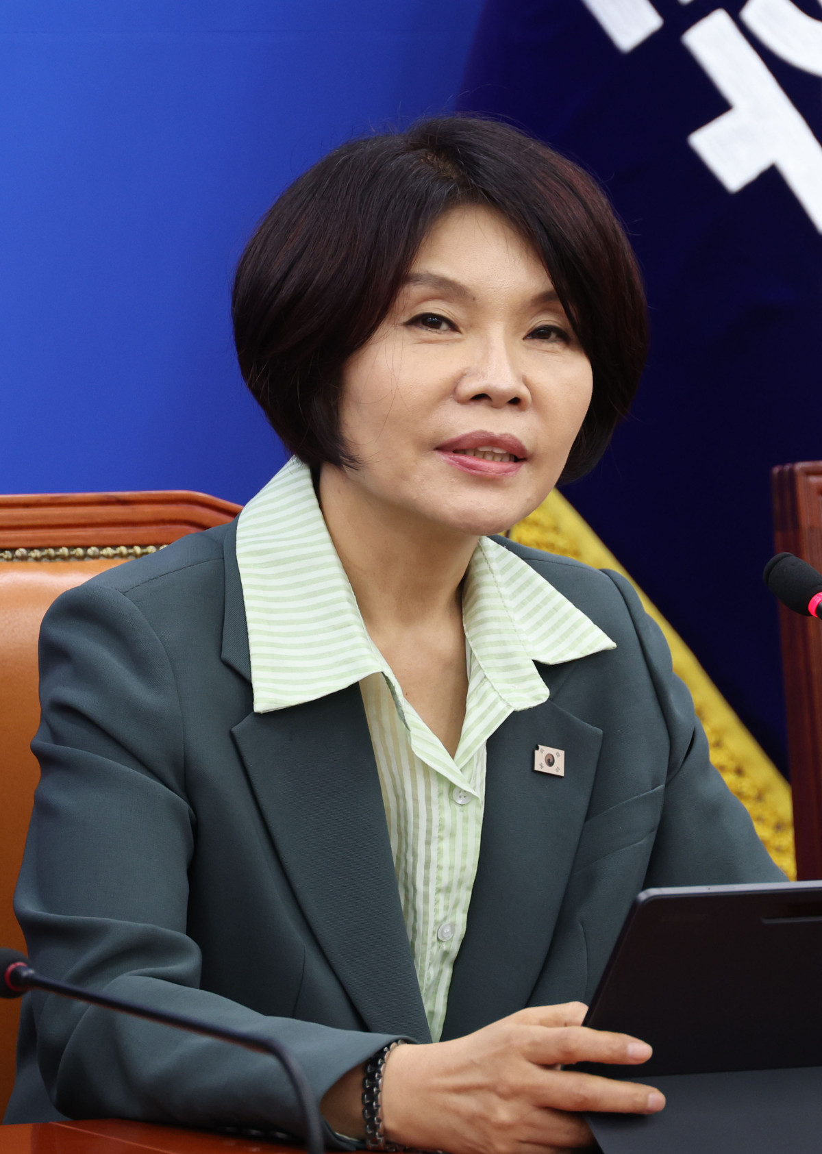 ▲한정애 더불어민주당 정책위의장이 25일 오전 서울 여의도 국회에서 열린 정책조정회의에서 발언을 하고 있다. (사진=뉴시스)