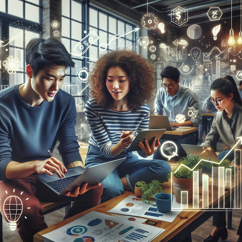 ▲경기도의 청년 창업기업 지원 정책 시행에 따라 현대적인 사무실에서 젊은 청년들이 노트북과 태블릿으로 디지털 프로젝트를 함께 진행하고 있다. (김재학 기자·오픈AI 달리)