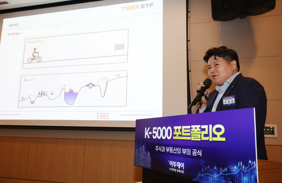 ▲이정환 미래에셋자산운용 상무가 30일 서울 여의도 FKI타워 컨퍼런스센터에서 열린 ‘K-5000 포트폴리오’에서 ‘ETF 연금 투자 전략’을 주제로 발표하고 있다. 이투데이가 주최한 이번 세미나는 ‘코스피 5000 시대’를 전망하며, 한국 경제의 현황과 향후 성장 가능성을 다각도로 분석하고자 마련됐다. 이번 행사에선 거시경제 동향, 자본시장과 증권 투자 전략, 부동산 시장 변화, 글로벌 경제 흐름 등 다양한 주제로 각 분야 최고의 전문가들이 참여, 심층적인 분석과 전망을 공유한다. 신태현 기자 holjjak@