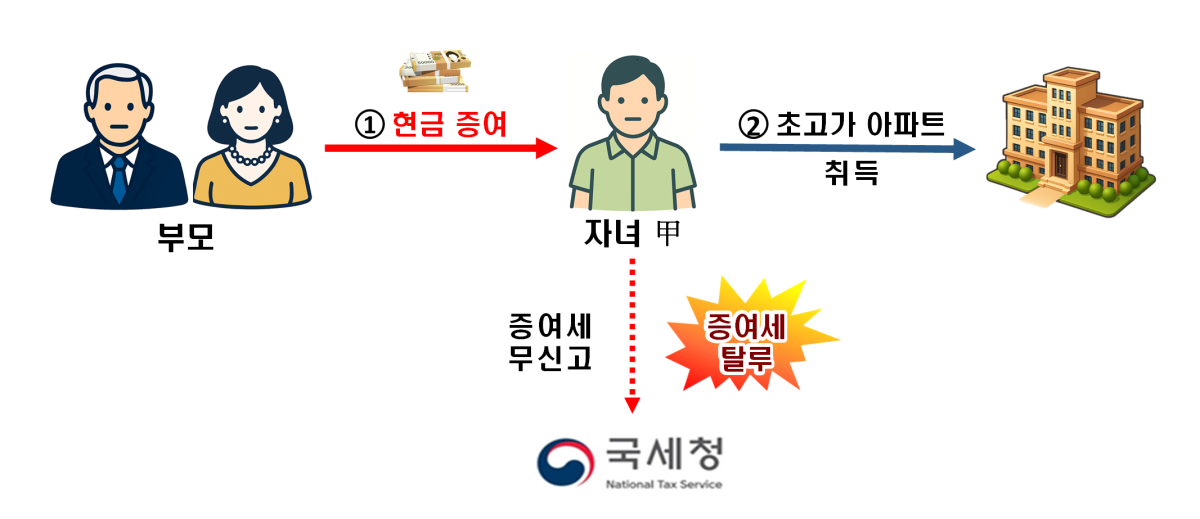 ▲대출은 최대로, 부족한 자금은 부모로부터 증여받아 초고가 아파트를 취득하면서 증여세 탈루 사례 (그래픽제공=국세청)