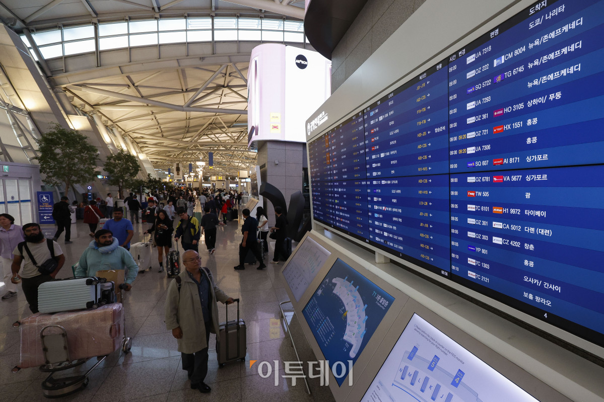 ▲올해 추석 연휴 기간 인천공항을 통해 해외를 오가는 이용객이 245만명에 달할 것으로 보인다. 이번 추석은 개천절(10월3일)과 추석 연휴(8~9일), 한글날(9일)이 겹친 ‘황금연휴’로 10월 10일 하루만 연차를 사용하면 최대 열흘간의 휴가가 가능하다. 이 기간 하루평균 이용객은 22만3000명으로 역대 최대였던 올 하계 성수기(하루 21만8000명)보다 2.3% 증가할 것으로 예상된다. 1일 인천국제공항 제1여객터미널이 이용객들로 붐비고 있다. 조현호 기자 hyunho@