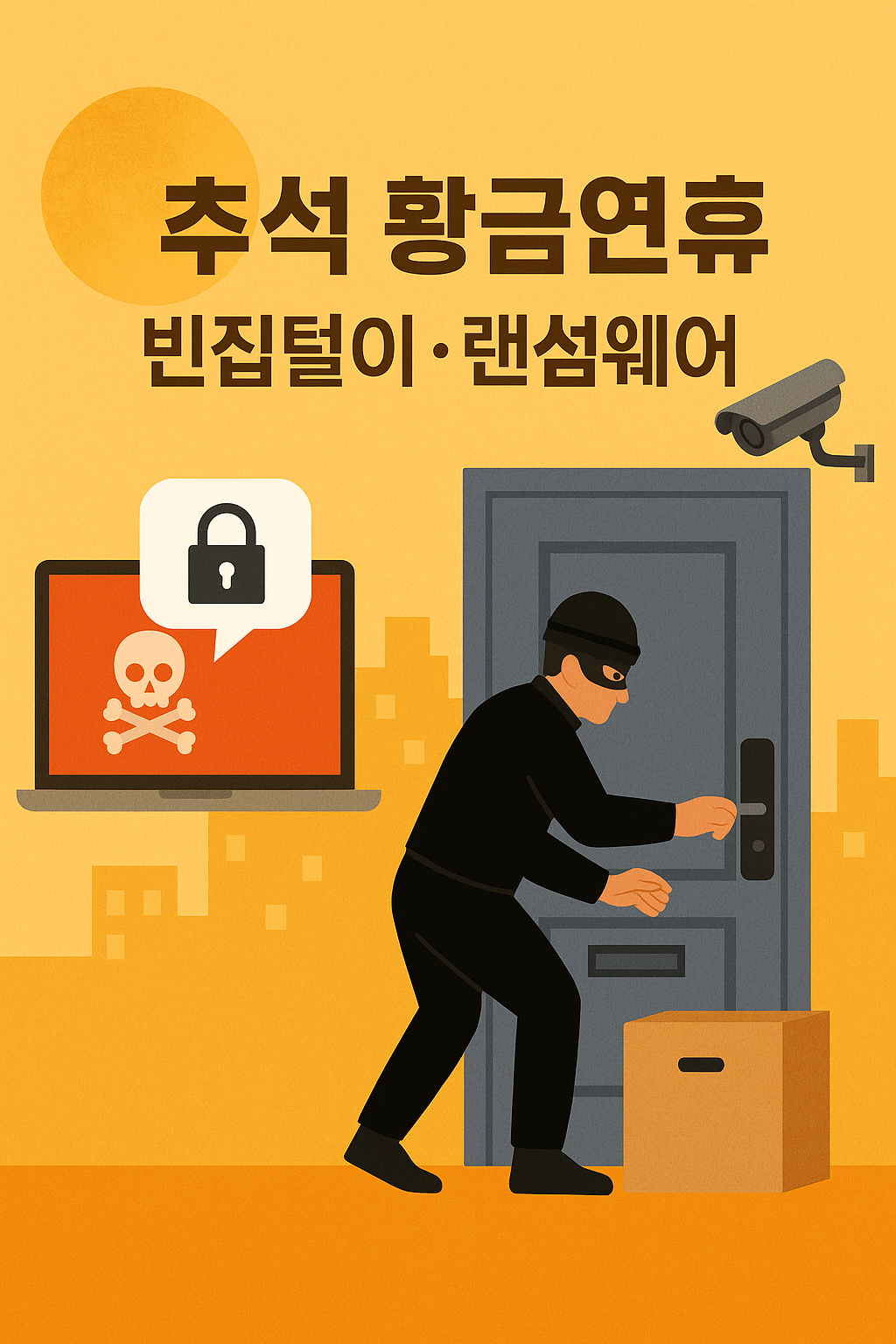 ▲추석 황금연휴가 시작된 3일, 빈집털이와 랜섬웨어 범죄에 대한 경고 이미지가 보안 강화의 필요성을 강조하고 있다. (사진출처=챗GPT)