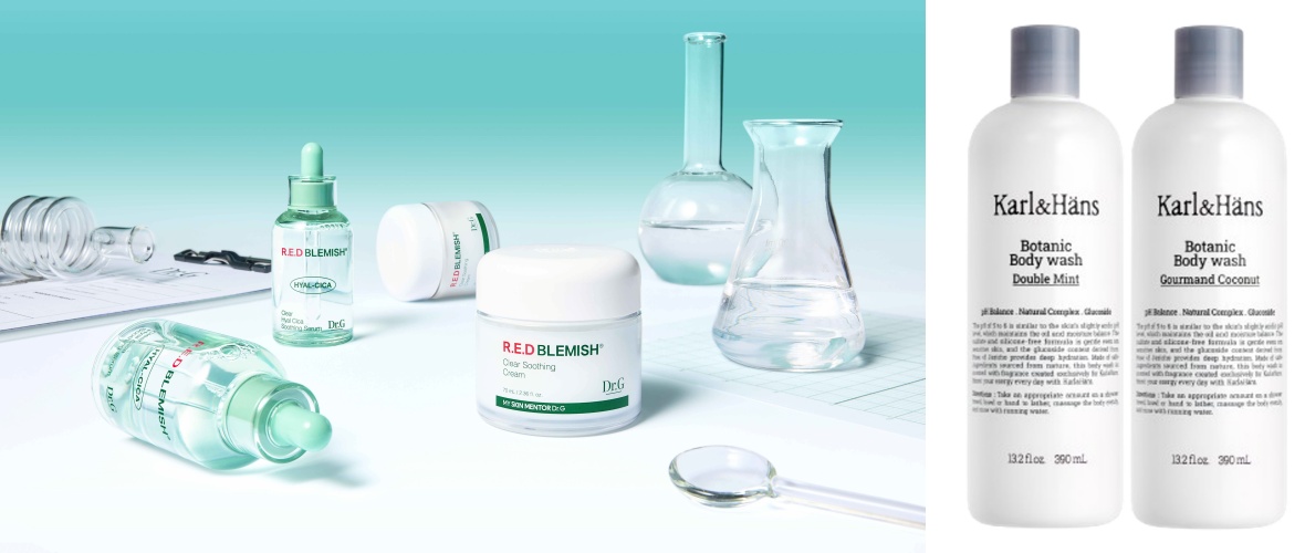 ▲닥터지 ‘레드 블레미쉬 클리어 히알 시카 수딩 세럼’(왼쪽)과 칼앤한스 ‘보타닉 바디로션’ (사진제공=각사)