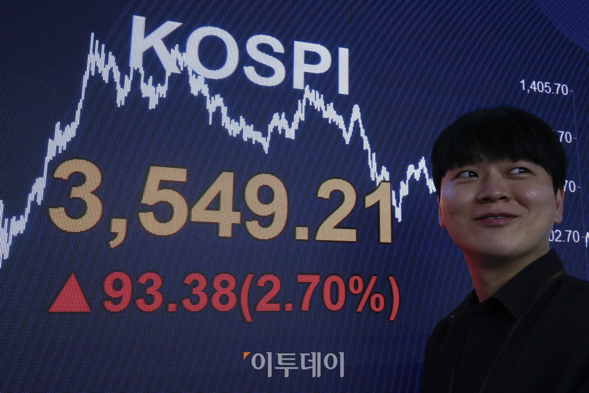 ▲코스피가 사상 처음으로 3500선을 돌파하며 종가 기준 역대 최고치인 3540선으로 마감한 2일 서울 영등포구 KB국민은행 딜링룸 전광판에 코스피가 표시돼 있다. 이날 코스피 지수는 전 거래일보다 93.38(2.70%) 포인트 상승한 3549.21을 나타냈다. 조현호 기자 hyunho@