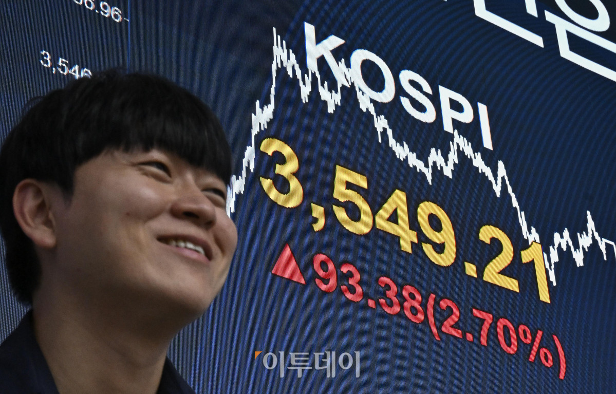 ▲코스피가 사상 처음으로 3500선을 돌파하며 종가 기준 역대 최고치인 3540선으로 마감한 2일 서울 영등포구 KB국민은행 딜링룸 전광판에 코스피가 표시돼 있다. 이날 코스피 지수는 전 거래일보다 93.38(2.70%) 포인트 상승한 3549.21을 나타냈다. 조현호 기자 hyunho@
