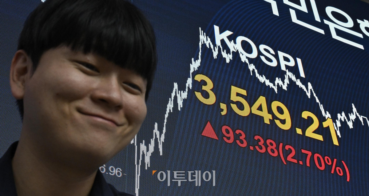 ▲코스피가 사상 처음으로 3500선을 돌파하며 종가 기준 역대 최고치인 3540선으로 마감한 2일 서울 영등포구 KB국민은행 딜링룸 전광판에 코스피가 표시돼 있다. 이날 코스피 지수는 전 거래일보다 93.38(2.70%) 포인트 상승한 3549.21을 나타냈다. 조현호 기자 hyunho@