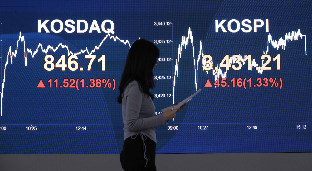 ▲서울 여의도 KB국민은행 딜링룸 전광판. (이투데이DB)