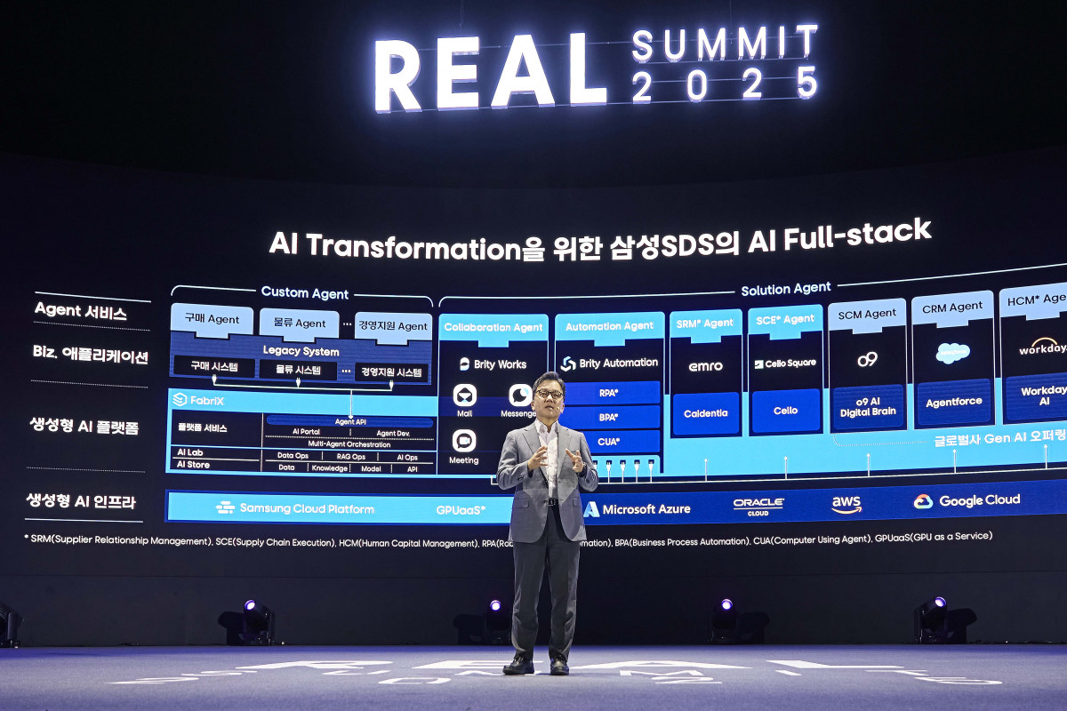 ▲지난달 11일 코엑스 진행된 '리얼 서밋(REAL Summit) 2025’에서 삼성SDS 이준희 대표이사가 기조연설을 진행하고 있다. (사진제공=삼성SDS)