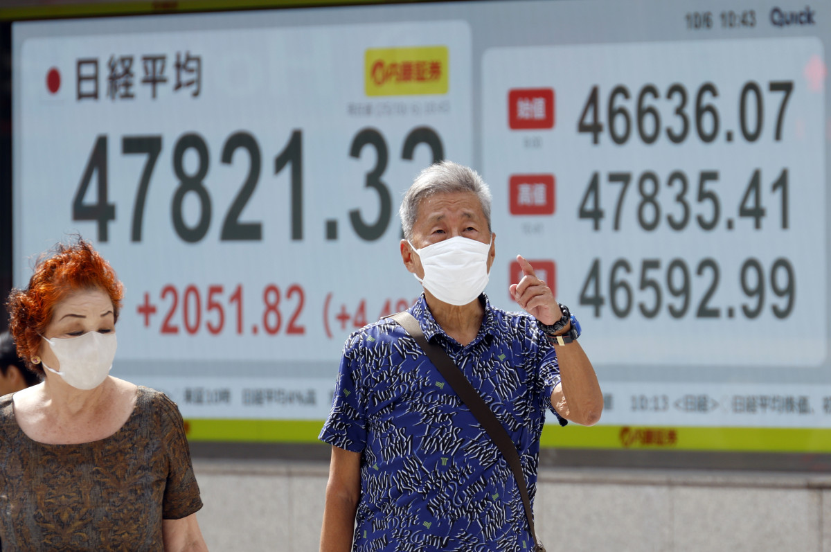 ▲6일 일본 도쿄증권거래소 앞을 보행자들이 지나가고 있다. 닛케이지수는 이날 사상 처음으로 4만7000선을 돌파했다.  (도쿄/EPA연합뉴스)