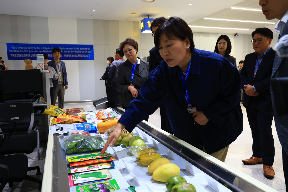 ▲송미령 농림축산식품부 장관이 9일 인천국제공항을 찾아 해외 가축 전염병과 식물 병해충 유입을 막기 위한 국경검역 현장을 점검하고 있다. (사진제공=농림축산식품부)