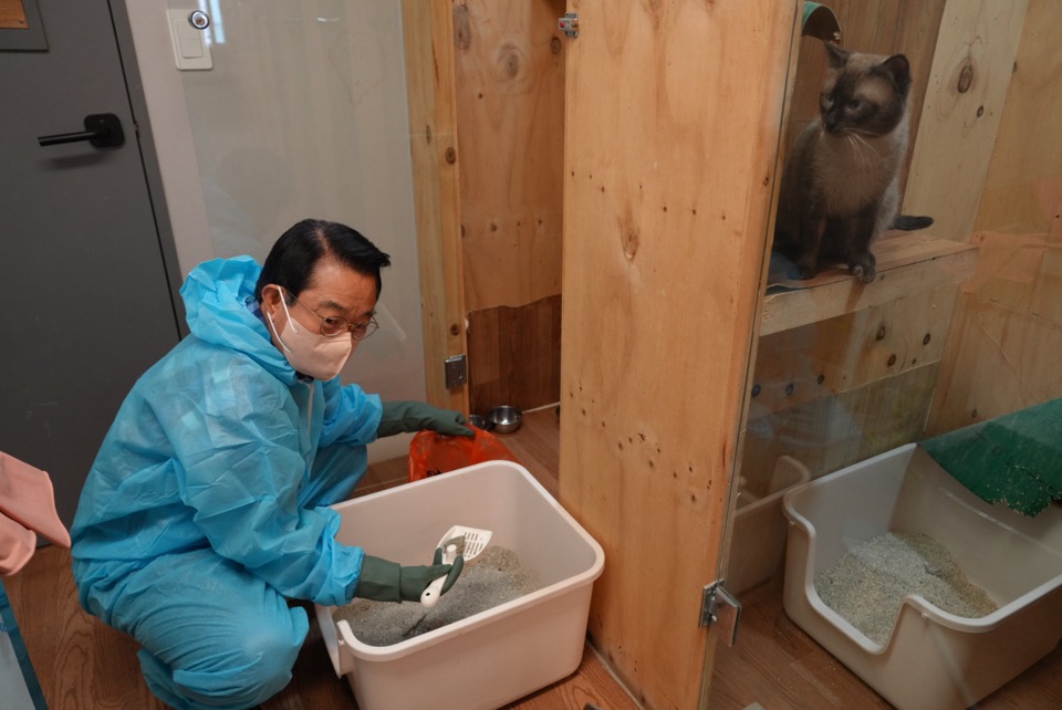 ▲안병길 해진공 사장과 임직원들이 2일 부산 동부 유기동물 보호협회에서 보호소 청소 봉사활동을 펼치고 있다. (사진제공=한국해양진흥공사)