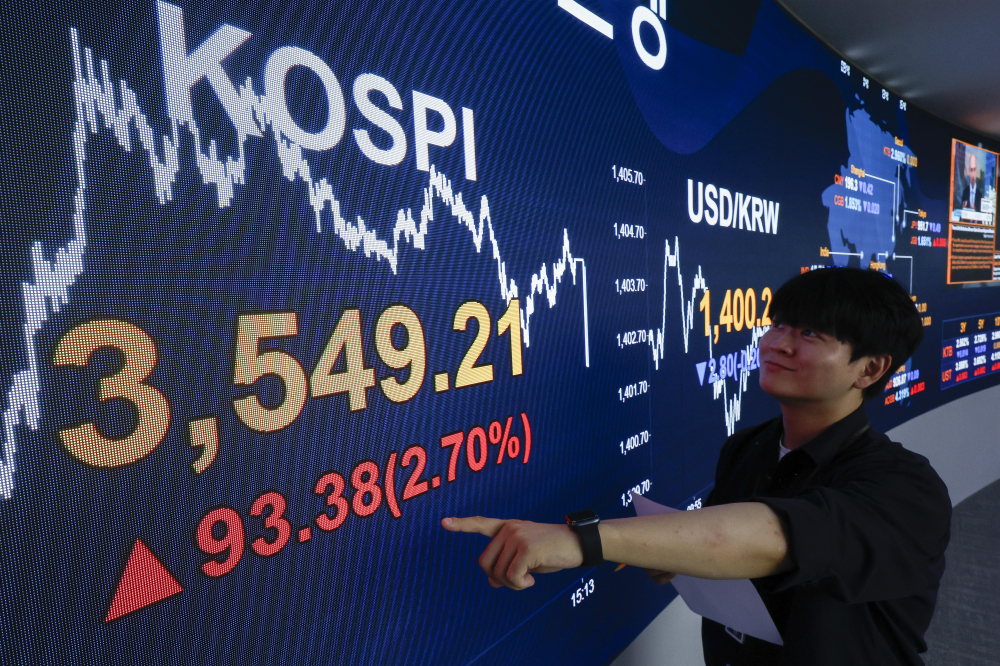 ▲코스피가 사상 처음으로 3500선을 돌파하며 종가 기준 역대 최고치인 3540선으로 마감한 2일 서울 영등포구 KB국민은행 딜링룸 전광판에 코스피, 원·달러 환율이 표시돼 있다. 이날 코스피 지수는 전 거래일보다 93.38(2.70%) 포인트 상승한 3549.21을 나타냈다. 이날 원·달러 환율은 종가 기준 1400.2원을 나타냈다. 조현호 기자 hyunho@ (이투데이DB)