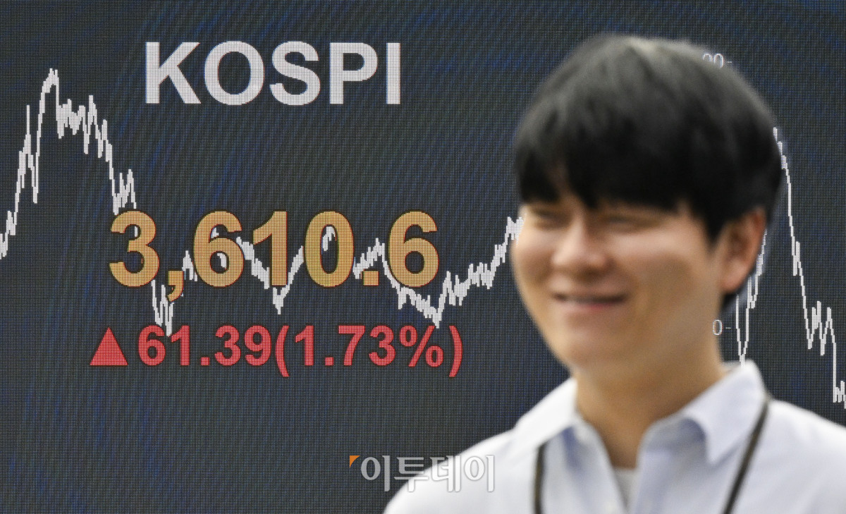 ▲코스피가 사상 처음으로 3600선을 돌파하며 종가 기준 사상 최고치인 3610선으로 마감한 10일 서울 영등포구 KB국민은행 딜링룸 전광판에 코스피가 표시돼 있다. 이날 코스피 지수는 전 거래일보다 61.39(1.73%) 포인트 상승한 3610.6을 나타냈다. 조현호 기자 hyunho@