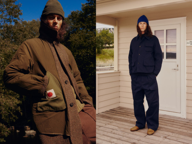 ▲헨리코튼과 도큐먼트가 협업한 듀얼 울 발마칸 코트(왼)와 이탈리안 코튼 피싱 재킷 화보컷이다. (사진제공=코오롱FnC)
