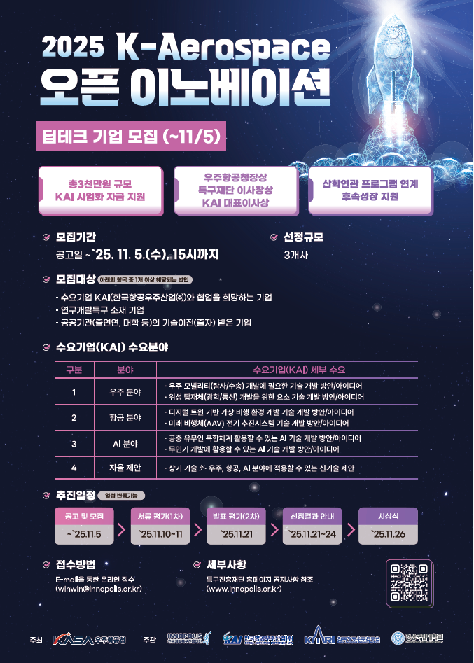 ▲KAI가  '2025 K-에어로스페이스 오픈 이노베이션'에 공동 주관기관이자 수요기업으로 참여해 딥테크 기업과의 협력 기회를 모색한다. (제공=한국항공우주(KAI))