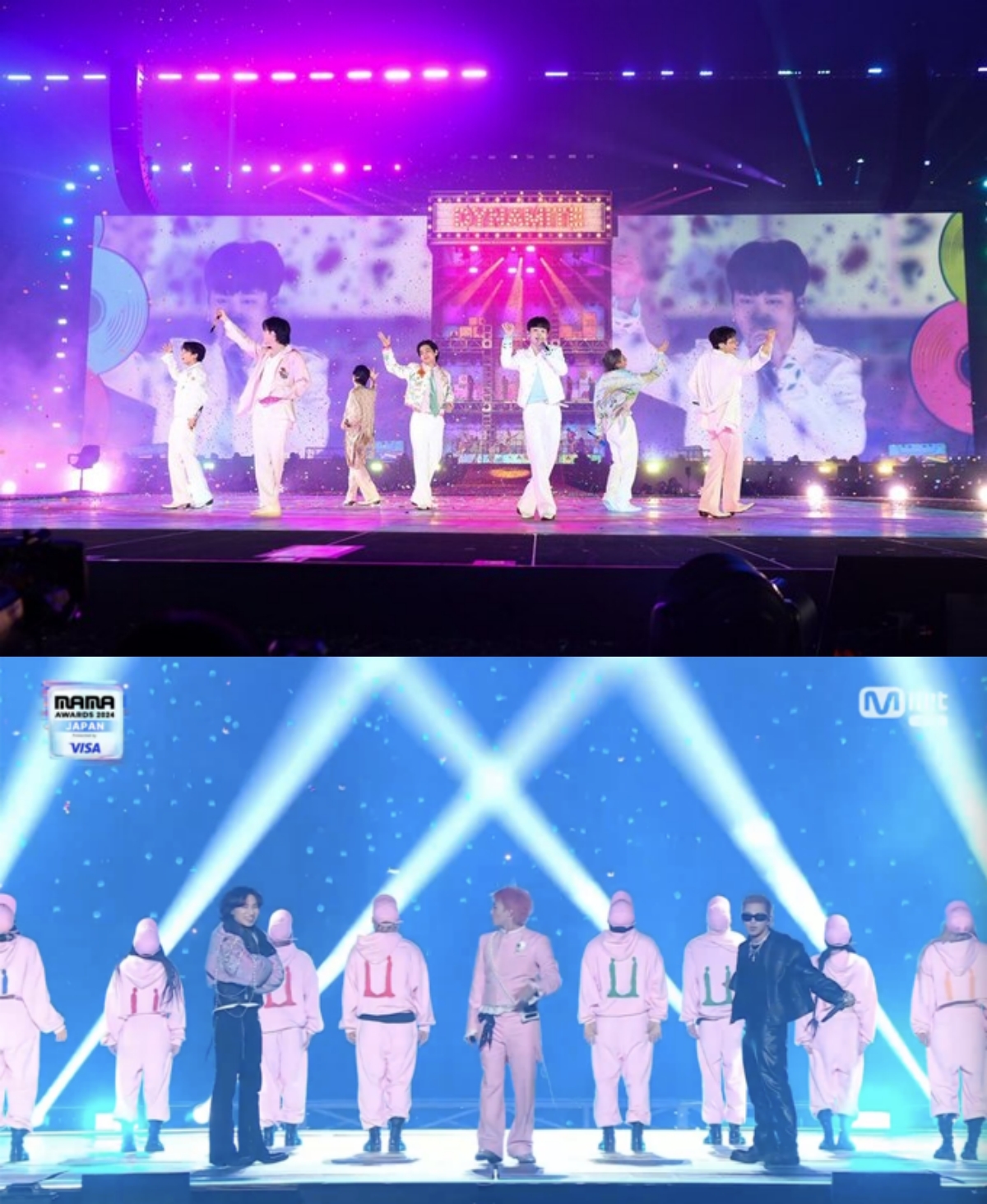 ▲2022년 4월 미국 라스베이거스에서 단독 공연을 개최한 방탄소년단(위), 지난해 11월 '2024 마마 어워즈' 무대에 오른 빅뱅. (출처=빅히트 뮤직 제공, Mnet '2024 마마 어워즈' 방송 화면 캡처)