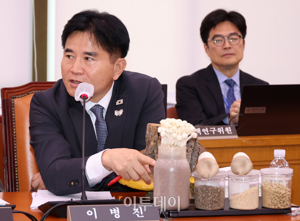 ▲이병진 더불어민주당 의원이 14일 서울 여의도 국회에서 열린 농림축산식품해양수산위원회 국정감사에서 버섯 재배용 '배지'를 들어보이며 송미령 농림축산식품부 장관에게 질의하고 있다. 이날 이 의원은 "버섯의 밥, 배지가 폐기물로 분류된다"며 "같은 식물성 잔재물이라도 사료용은 재활용이 가능한데, 버섯 배지만 유독 폐기물로 분류돼 농가가 톤당 20만 원의 처리비용을 부담한다"고 지적했다. 이에 송 장관은 "배지 폐기물 문제를 관계 부처와 협의하고 법률 검토도 충실히 하겠다"고 답했다. 고이란 기자 photoeran@
