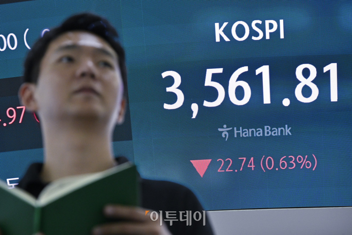 ▲장중 3640선까지 치솟으며 사상 최고치를 경신한 코스피가 상승폭을 모두 반납하고 하락 전환하며 3560선으로 하락 마감했다. 14일 서울 중구 하나은행 딜링룸 전광판에 코스피가 표시돼 있다. 이날 코스피 지수는 전 거래일보다 22.74(0.63%) 포인트 하락한 3561.81을 나타냈다. 조현호 기자 hyunho@