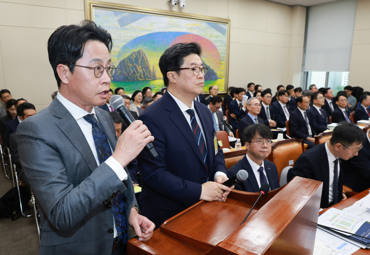 ▲조좌진 롯데카드 대표이사(왼쪽)와 김병주 MBK파트너스 회장이 14일 국회 정무위원회 국정감사에 참석해 의원 질의에 대해 답변하고 있다. (연합뉴스)