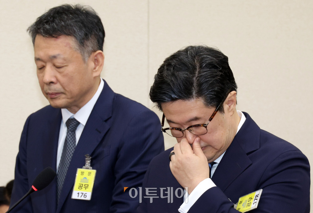 ▲김병주(오른쪽) MBK파트너스 회장과 김광일 홈플러스 대표가 14일 서울 여의도 국회에서 열린 정무위원회 국정감사에서 증인으로 출석해 의원 질의에 답하고 있다. 고이란 기자 photoeran@