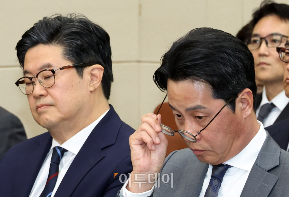 ▲조좌진(오른쪽부터) 롯데카드 대표, 김병주 MBK파트너스 회장이 14일 서울 여의도 국회에서 열린 정무위원회 국정감사에서 증인으로 출석하고 있다. 고이란 기자 photoeran@