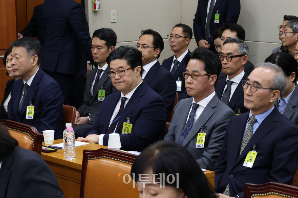 ▲김영섭(앞줄 오른쪽부터) KT 대표, 조좌진 롯데카드 대표, 김병주 MBK파트너스 회장, 김광일 홈플러스 대표가 14일 서울 여의도 국회에서 열린 정무위원회 국정감사에서 증인으로 출석하고 있다. 고이란 기자 photoeran@