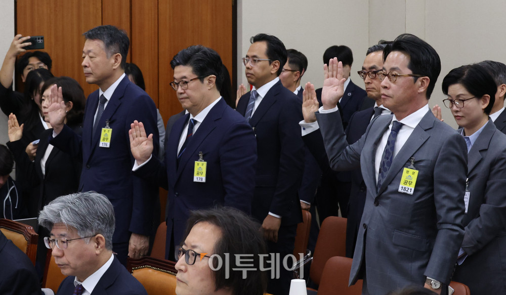▲김광일(왼쪽부터) 홈플러스 대표, 김병주 MBK파트너스 회장, 김범석 우아한형제들 대표, 조좌진 롯데카드 대표 등이 14일 서울 여의도 국회에서 열린 정무위원회 국정감사에서 증인선서를 하고 있다. 고이란 기자 photoeran@