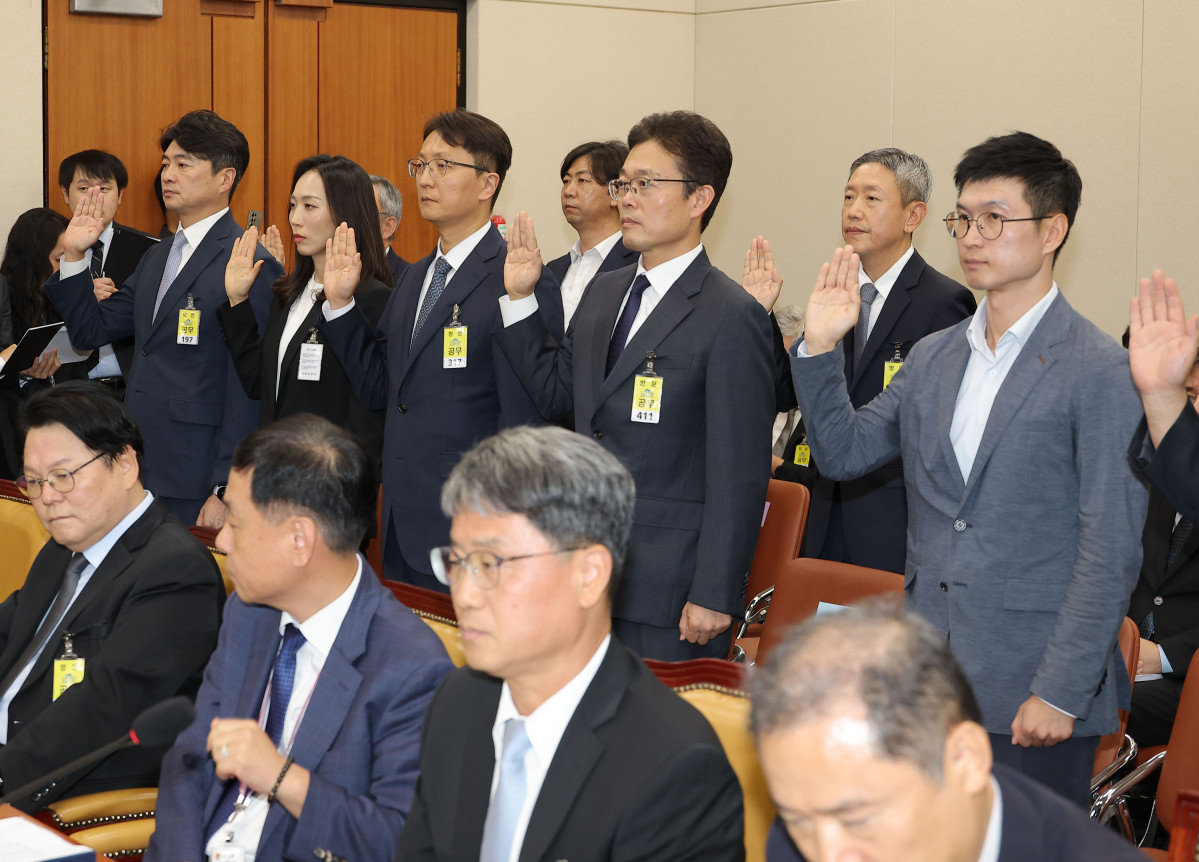 ▲14일 서울 여의도 국회 과학기술정보방송통신위원회에서 열린 2025년도 국정감사에서 우영규 카카오 부사장, 박대준 쿠팡 대표이사, 이상록 한국TV홈쇼핑 협회장, 이현석 KT 부사장을 비롯한 참석 증인들이 선서를 하고 있다. (연합뉴스)