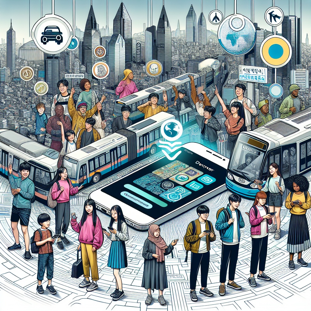 ▲: 어린이와 청소년이 스마트폰 앱을 사용하여 지역 통화를 교통 크레딧으로 전환하는 한국의 현대 도시 환경을 묘사 (김재학 기자·오픈AI 달리)