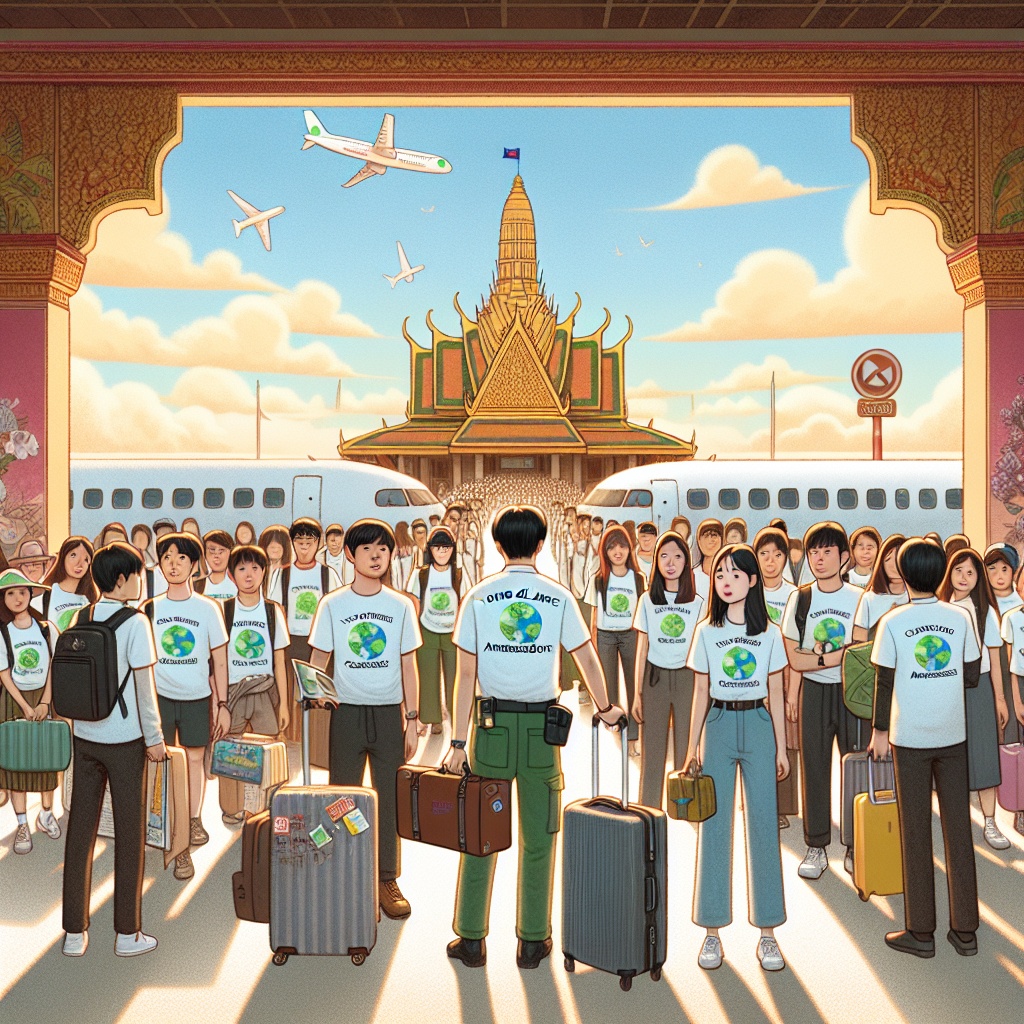 ▲"19세에서 39세 사이의 젊은 '경기청년 기후 대사들'이 캄보디아에서 고국으로 돌아가는 이미지. (김재학 기자·오픈AI 달리)