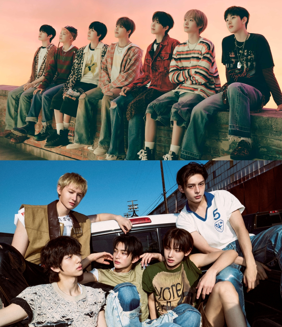 ▲그룹 킥플립(위), 코르티스. (사진제공=JYP엔터테인먼트, 빅히트 뮤직)