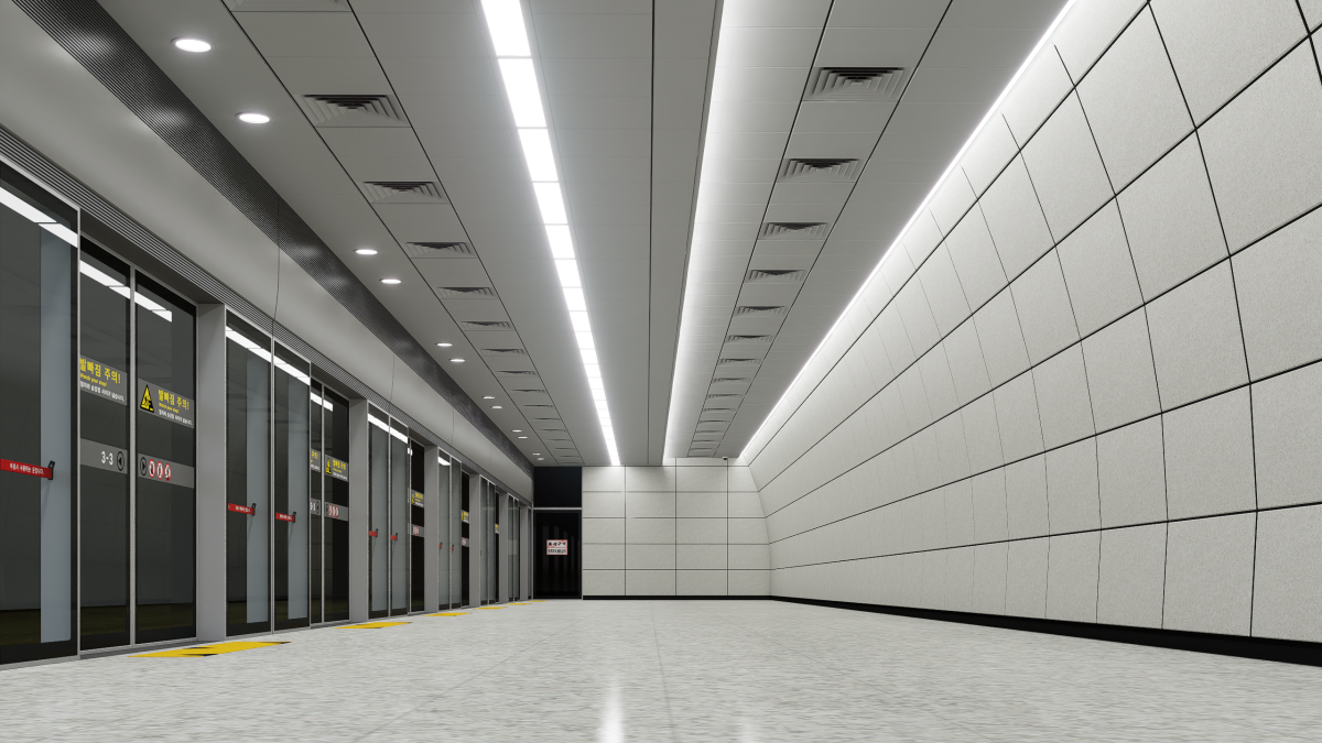 ▲지하철 역사 내 적용된 PCM 불연 컬러강판 활용 모습을 3D로 구현한 렌더링 이미지. (제공=KG스틸)